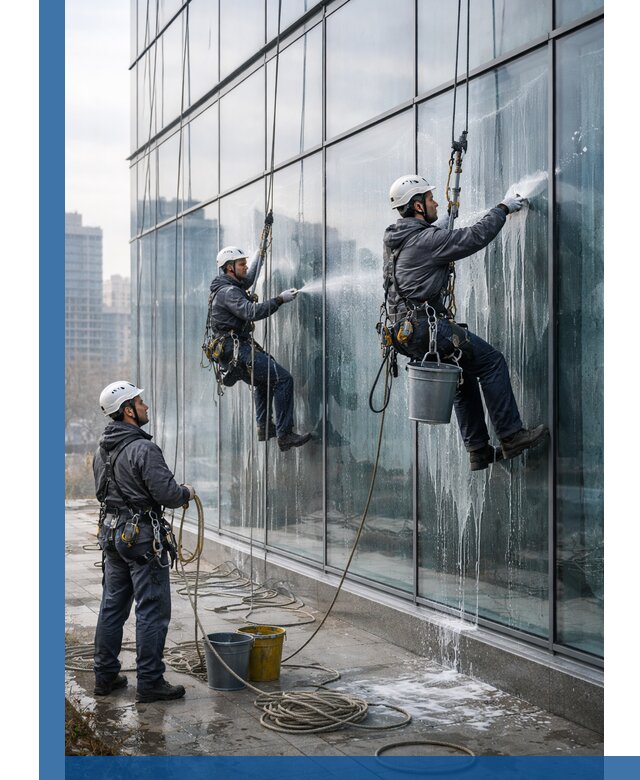 Промышленная мойка панорамных окон на высоте в Ирбите