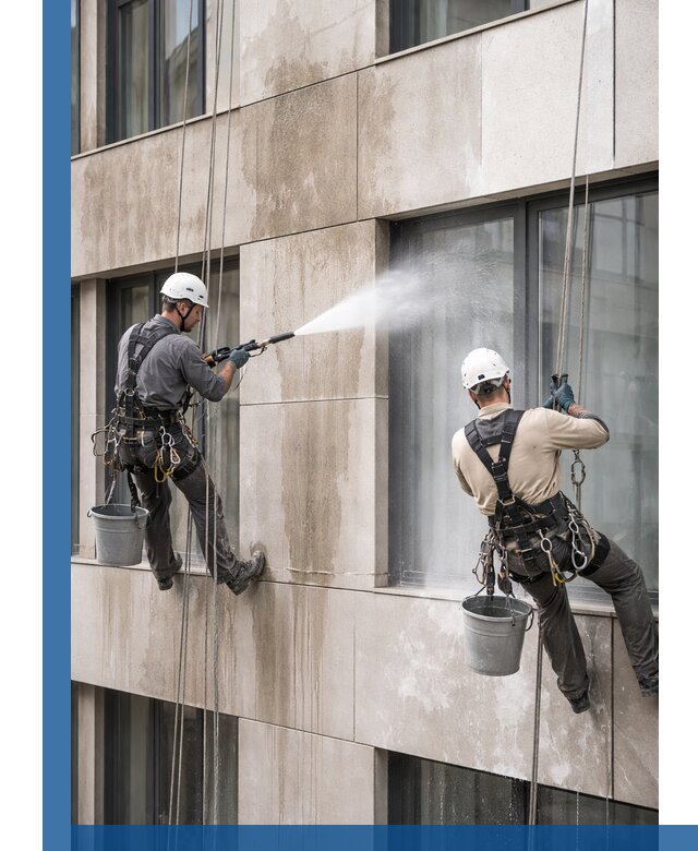 Послестроительная мойка фасада промышленным альпинизмом в Ирбите