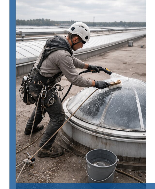 Мойка зенитных фонарей на кровле для промышленных объектов в Ирбите