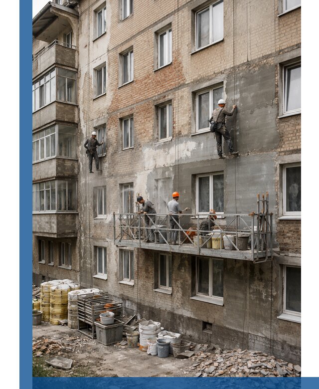 Капитальный ремонт фасада в Ирбите с восстановлением и гидроизоляцией