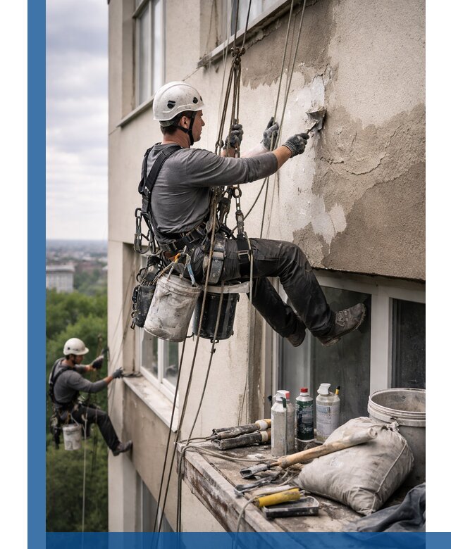 Косметический ремонт фасада зданий в Ирбите промышленными альпинистами