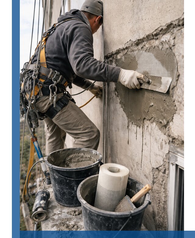 Ремонт бетонных элементов фасада промышленными альпинистами в Ирбите