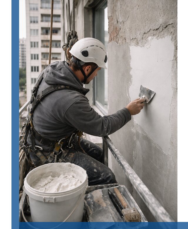 Шпаклевка фасадов на высоте с промальпинистами в Ирбите