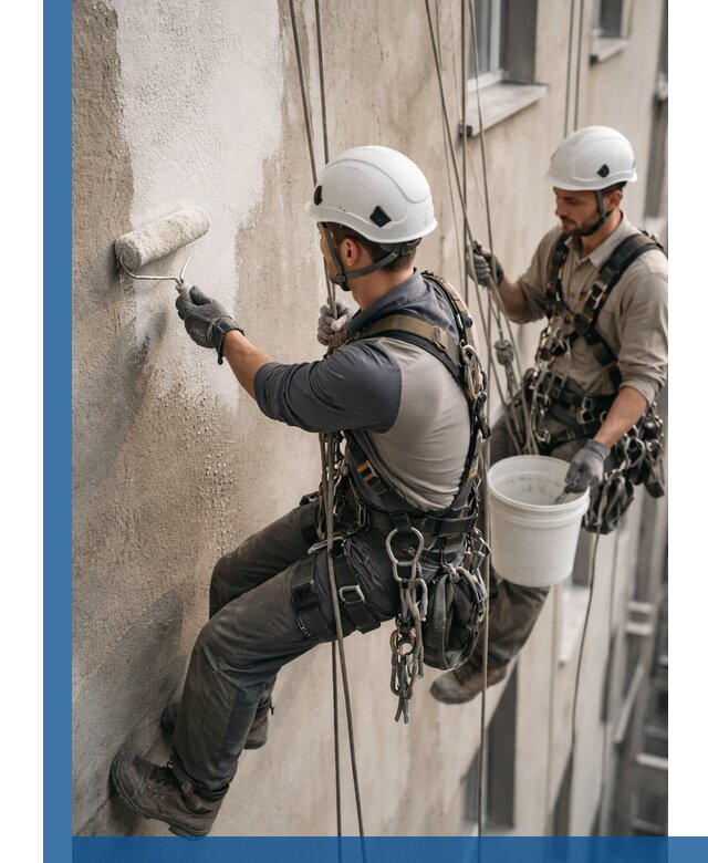 Грунтовка фасада на высоте в Ирбите промышленными альпинистами