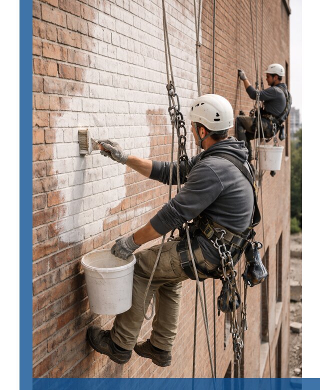 Покраска кирпичного фасада с доступным альпинистским сервисом в Ирбите