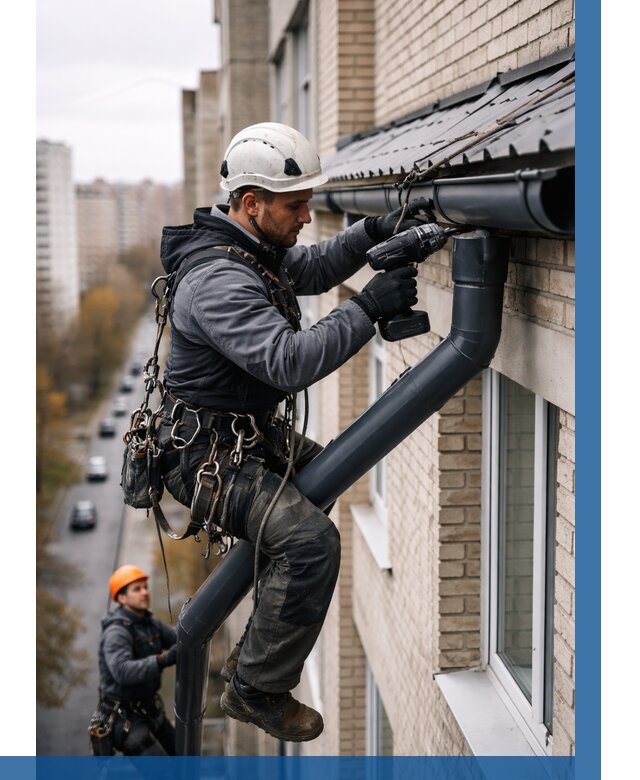 Монтаж водосточной системы на здании в Ирбите от 5497 р. | ВЫСОТНИК-Рбт