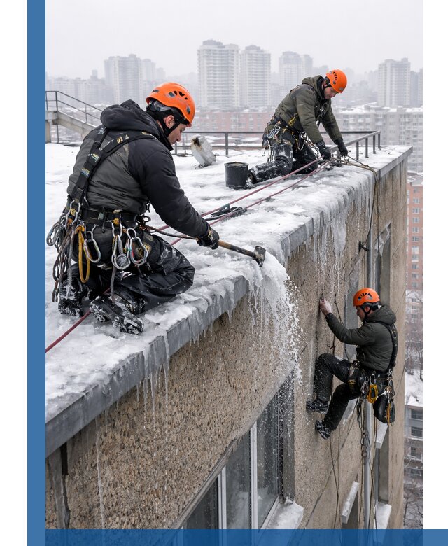 Удаление наледи с кровли в Ирбите промышленными альпинистами