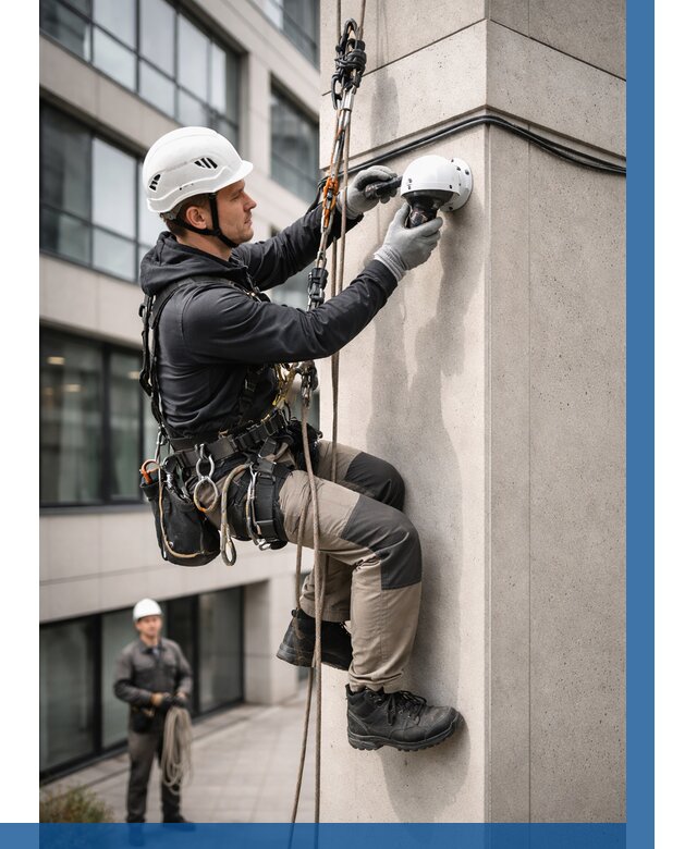 Монтаж камер видеонаблюдения на фасаде в Ирбите от 9344 р.-ВЫСОТНИК-Рбт