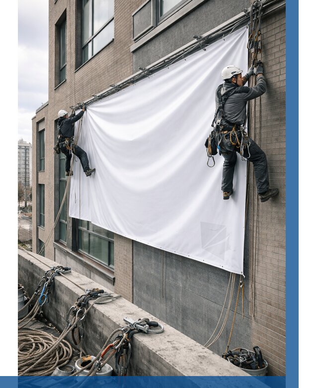 Монтаж баннеров на фасаде в Ирбите от 715 р. заказать ВЫСОТНИК-Рбт