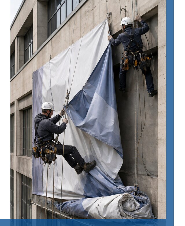 Демонтаж баннеров с фасада в Ирбите от 4947 р. | ВЫСОТНИК-Рбт