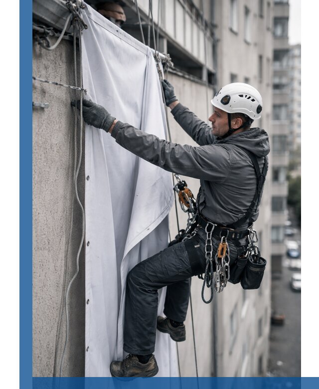 Замена баннерного полотна промышленными альпинистами в Ирбите