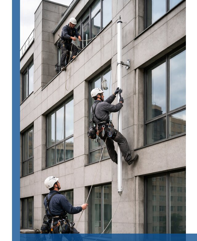 Монтаж флагштока на фасаде здания с креплением и герметикой в Ирбите