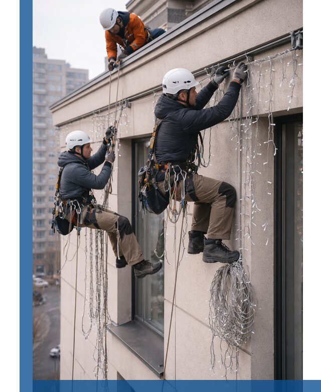 Монтаж праздничных гирлянд на фасаде в Ирбите для зданий