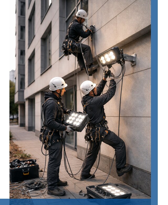 Монтаж прожекторов на фасаде в Ирбите от 8245 р. | ВЫСОТНИК-Рбт