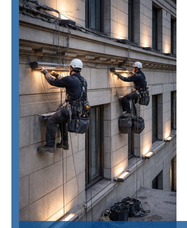 Монтаж архитектурной подсветки фасадов зданий в Ирбите