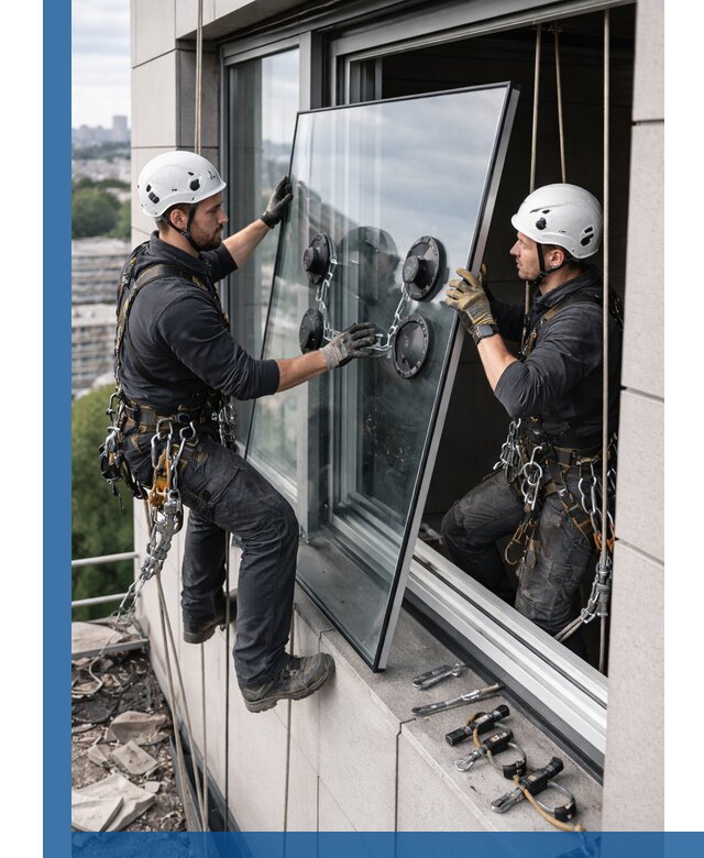 Замена стеклопакетов на высоте с промышленными альпинистами в Ирбите