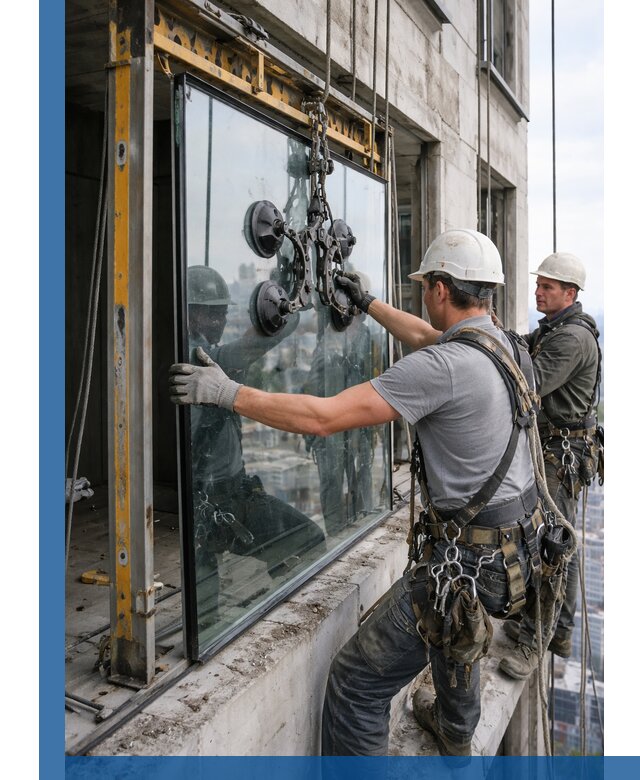 Монтаж стеклопакетов на высоте в Ирбите с промышленным альпинизмом