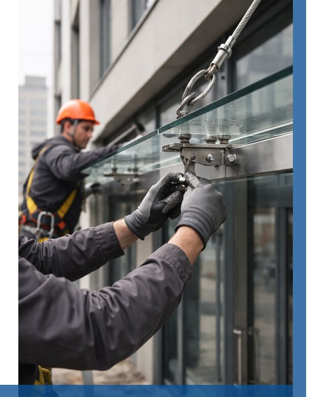 Монтаж стеклянных козырьков в Ирбите от 9344 р. | ВЫСОТНИК-Рбт