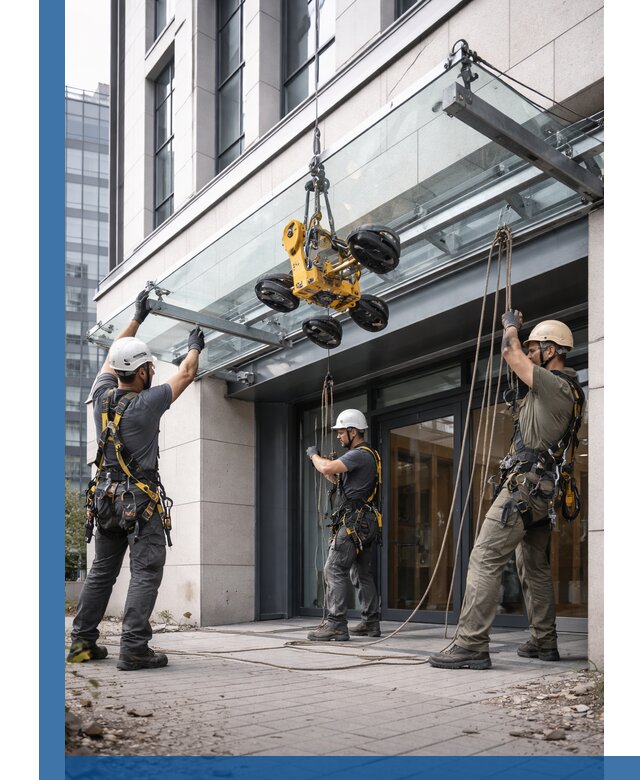 Монтаж стеклянных козырьков под ключ в Ирбите для зданий