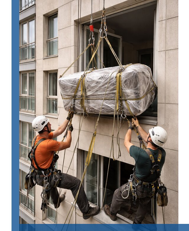 Подъем грузов через окно в Ирбите промышленными альпинистами