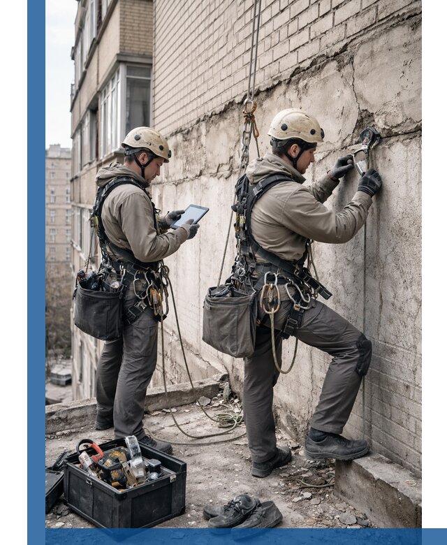 Обследование фасада промышленными альпинистами в Ирбите